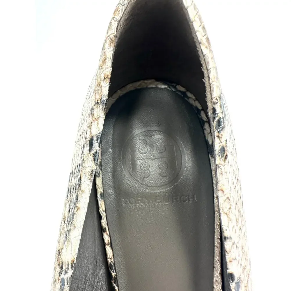 Tory Burch Block Heel Pump Sz 10M Tan Brown Snake Print Leather Closed Round Toe